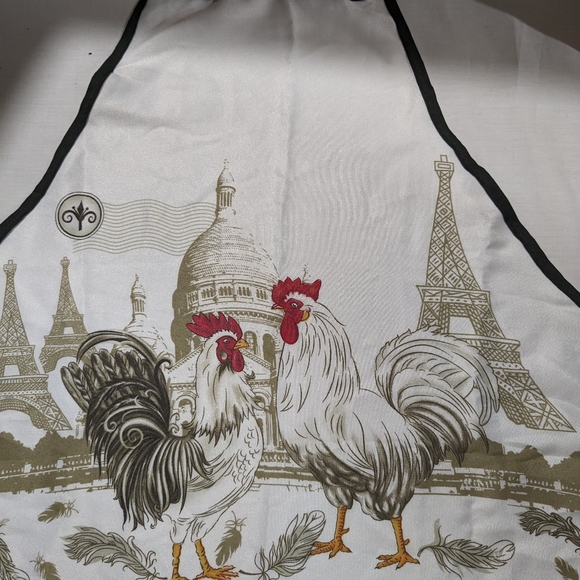 "Roosters in Paris" printed polyester bib apron tieback one size - Picture 6 of 6